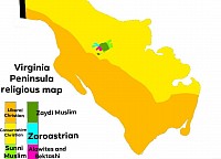 A religious map of the lower Virginia Peninsula, called the Calidiora Peninsula or Watan-E-Kalidiura by Ethnic Qarsherskiyan tribal members.